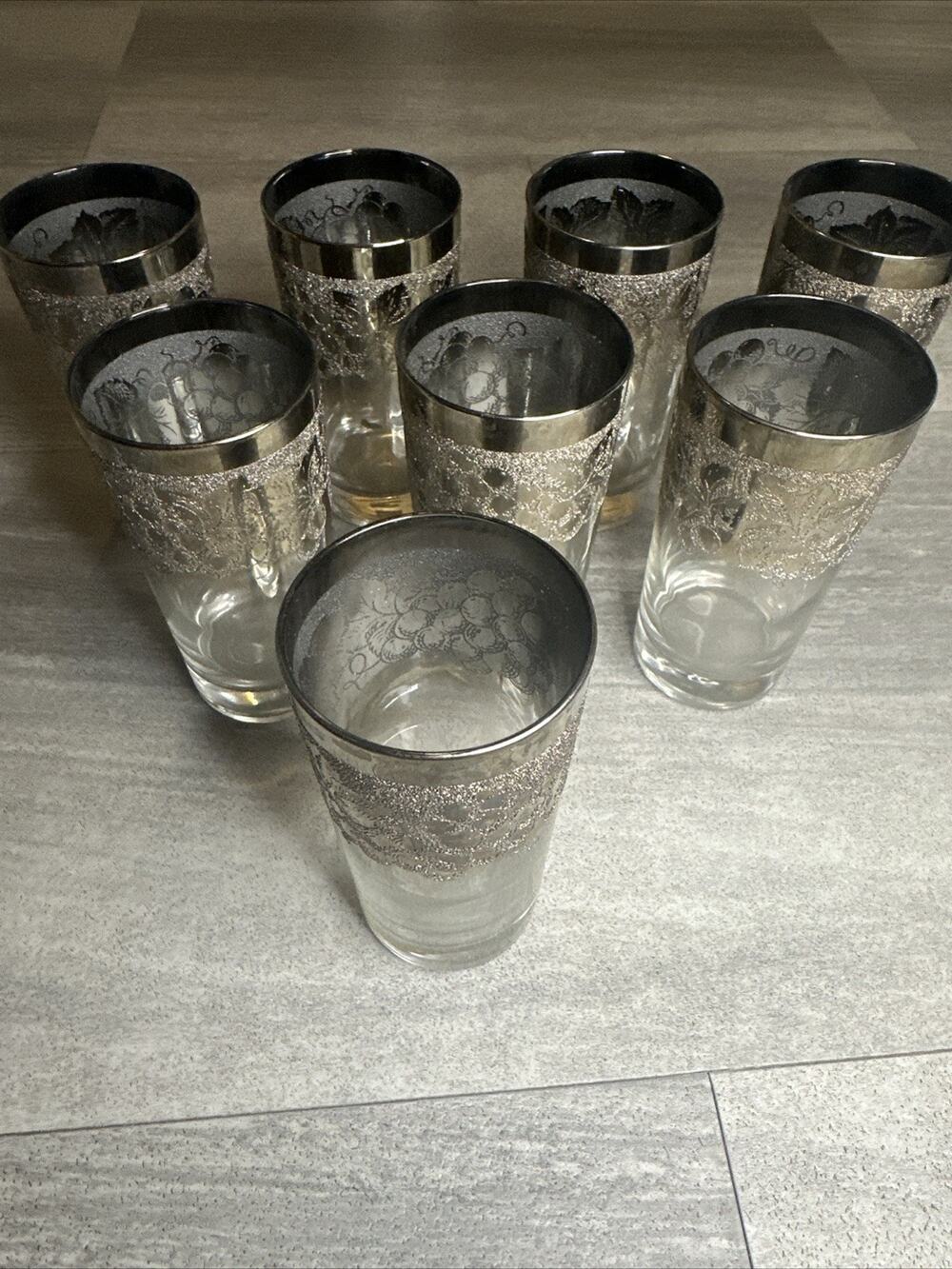 MCM 8pc Set Vitreon Queens Lusterware Silver Fade Grape Highball Glasses - Picture 1 of 7